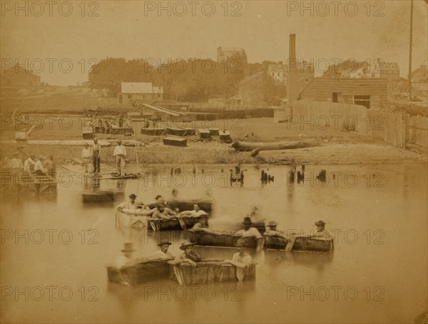 Raft of blanket boats ferrying field soldiers across the Potomac River 1863