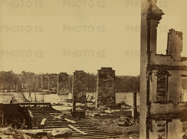 Ruins of Petersburg and Richmond railroad bridge, across the James 1864