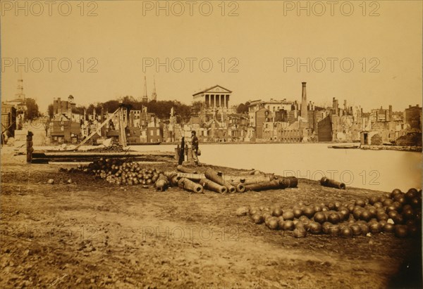 View taken from south side of canal basin, Richmond, Va., - April, 1865--showing Capitol, Custom House, etc. 1863