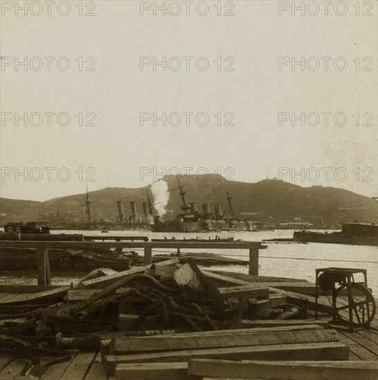 Russia's fleet being sunk by Japanese shells  1905