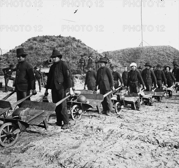 Sherman's troops uses Wheel Barrows to Convey Cannonballs to the Front Lines 1864