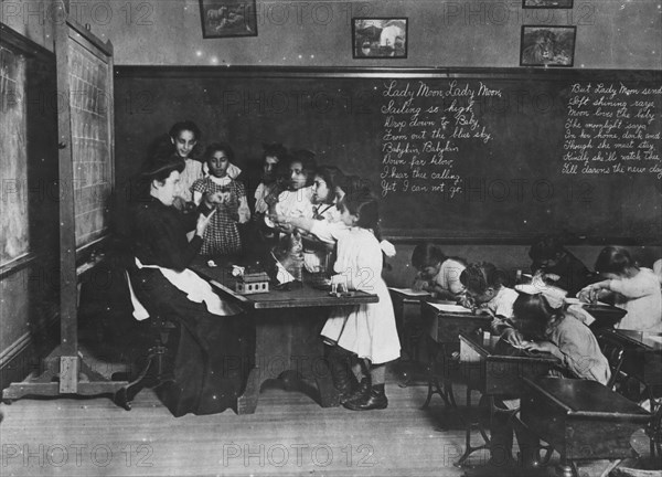 Steamer Glass in Hancock School, Boston. Immigrant children. 1909