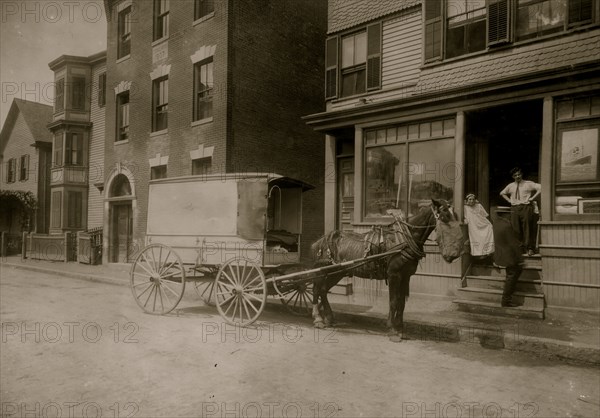 The wagon that delivers Home Work to Somerville, Mass. The owner of the wagon (who is not the driver) is O. H. Brown, 27 Main Street, Reading, Mass. These wagons (about 4 in all) are worked on commission, not owned by factory. 1912