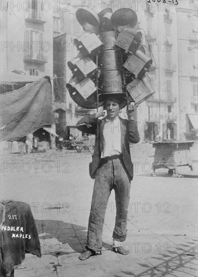 Tin Product Peddler on the Streets of Naples, Italy 1910