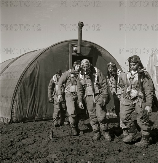 Tuskegee airmen exiting the parachute room, Ramitelli, Italy, March 1945 1945