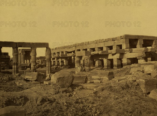 view from the rear of the Festival Hall of the Temple of Thutmose III, showing clerestory windows, Thebes. 1880