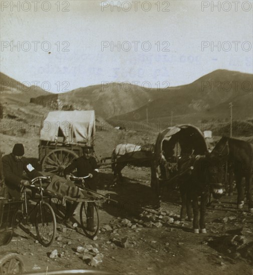 Wagons and bicycle stretchers used to transport injured Russian soldiers 1905