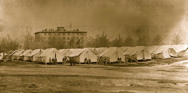 Washington, D.C. Hospital tents at Camp Carver, with Columbian College building 1864