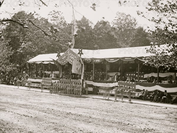 Washington, D.C. Presidential reviewing stand, with guests and guard 1865