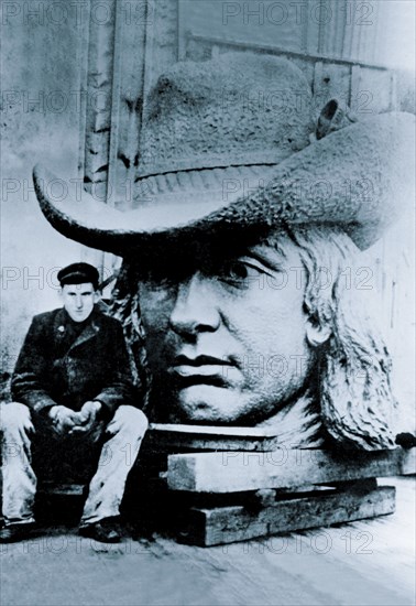 Man Posing with William Penn's Head, Philadelphia, PA