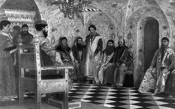 Zemsky sobor c, 1645 under tsar alexis (aleksei mikhailovich romanov), consultation with a council of boyars.