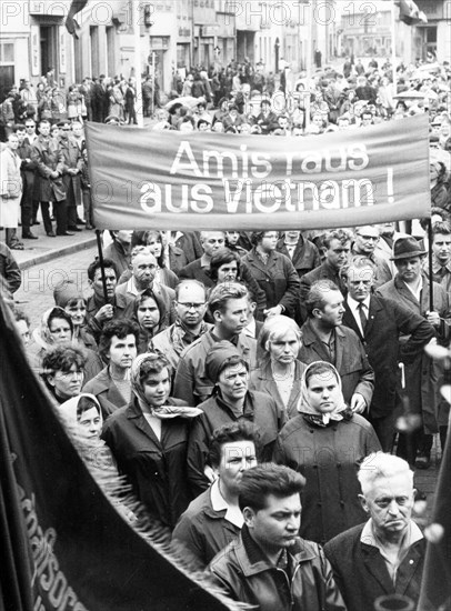 Gdr, senftenberg citizens protest against u,s, bombing of vietnam, 1966.