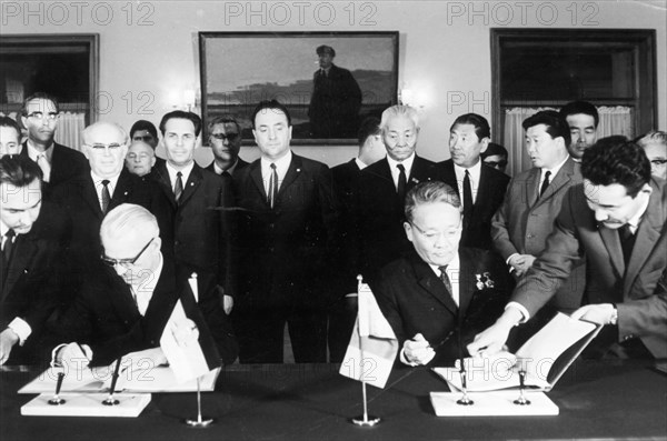 Treaty on friendship and co-operation signed between g,d,r, and mongolian people's republic by willi stoph (left) and tsedenbal sep, 12 1968.
