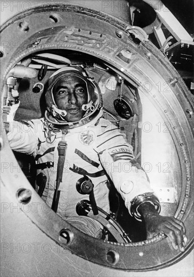 Cuban researcher-cosmonaut lieutenant-colonel arnaldo tamayo mendez in a simulator at the gagarin cosmonauts' training center preparing for the soyuz-38 space mission to the salyut 6 space station, september 1980.
