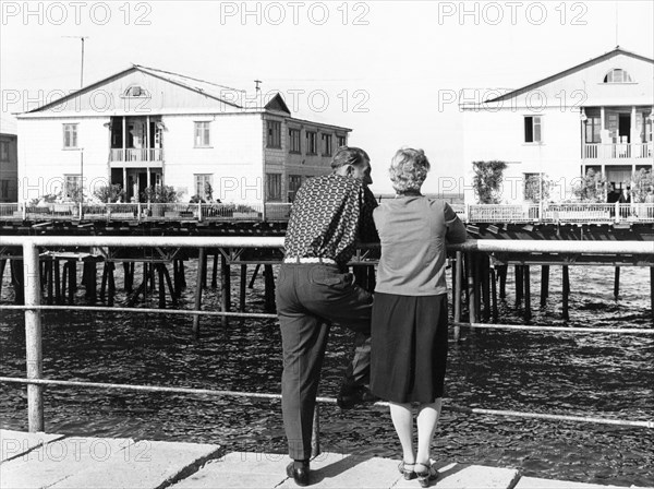 Oil workers housing built at neftyanye kamni (oil rocks) on the caspian sea in azerbaijan, ussr, 1950s.