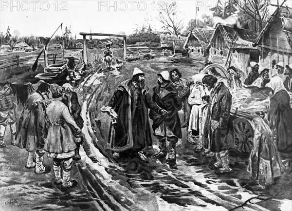 The tsar's agents collecting taxes from the peasants, during the reign of tsar alexis (aleksei mikhailovich romanov), serfs werebound to the land by laws increasingly severe, because of the tithes and taxes that were collected from them to support the tsar's armies.