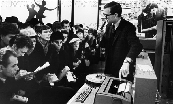 The international buisiness machines (ibm) display at the communications usa exhibition in moscow, ussr, early 1960s (1961?).