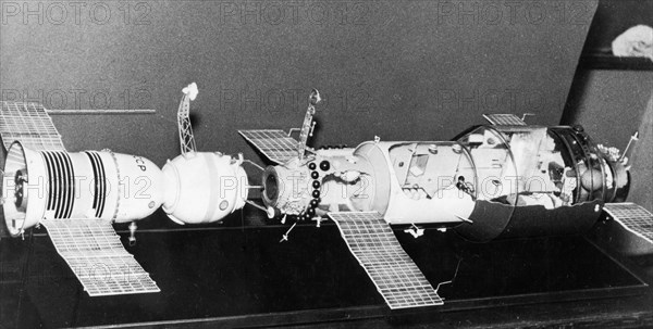 A model of soyuz 11 docked with the salyut 1 space station, 1971.