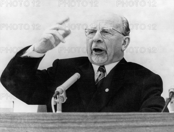 Walter ulbricht speaking at an international press conference in east berlin, january 19, 1970, he underlined the attitude of the gdr to the cause of safeguarding peace by concluding a treaty on the establishment of relations  between the gdr and frg (east and west germany).