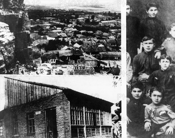 Top - a view of gori, the town in georgia where joseph stalin was born, december 21, 1879, bottom - the house in which stalin was born and spent his childhood, right - a group of gori school children, stalin is on the lower right.