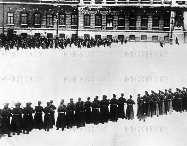 Bloody sunday', tsar nicholas ll's troops shooting demonstrators outside of the winter palace in st, petersburg, russia, january 22, 1905, still taken from the 1925 soviet film 'the ninth of january'.