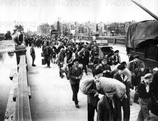 Russian civilians brought to nazi germany as slave laborers returning to the soviet union after the end of the european phase of world war 2, magdenburg, germany, may 1945.