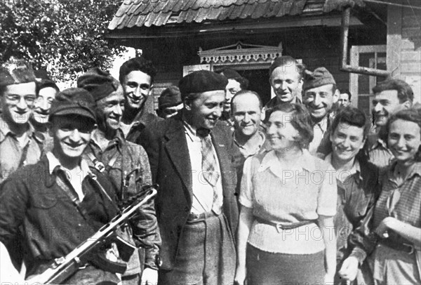 World war 2, writer ilya ehrenburg in vilna (vilnius) with jewish partisans who entered the city with the red army.