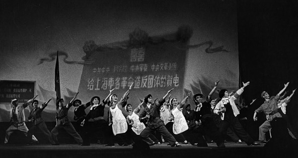 A scene from 'the january storm', a full-length song and dance drama jointly staged by the revolutionary artists of the shanghai experimental opera theater and worker amateur performers, it was the first stage representation of the january revolution, july 22, 1967.