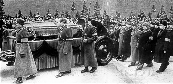 Personalities following the coffin of stalin as it is borne on a gun caisson through red square, moscow, march 9, 1953, right to left: premier zhou en-lai, premier g, m, malenkov, marshal k, voroshilov, l, kaganovich, marshall n, bulganin, v, m, molotov.