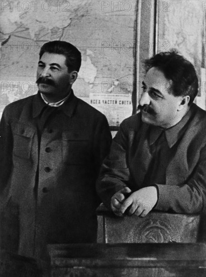 Grigoriy konstantinovich ordzhonikidze (sergo ordzhonikidze), people's commissar of heavy industry with josef stalin welcoming a delegation from the georgian soviet socialist republic to moscow on march 19, 1936.