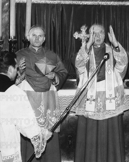 Cardinal karol wojtyla (later pope john paul 2) archbishop of cracow, poland (left), right: cardinal stefan wyszynski, primate of poland, at ceremonies to commemorate 25th anniversary of liberation of polish clergymen from dachau concentration camp, kalisz, poland, 1970.