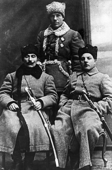 S, budenny, s, timoshenko, and k, voroshilov, a group portrait from 1919, at that time, voroshilov was a member of the military council of the first mounted army (cavalry), budenny was the commander of that army, and timoshenko was division commander in the army.