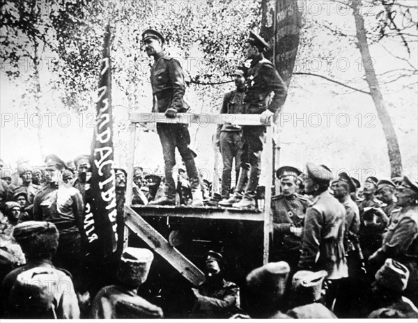 A political meeting held among russian sodiers on eastern front in may, after the first revolution of 1917, during world war i.