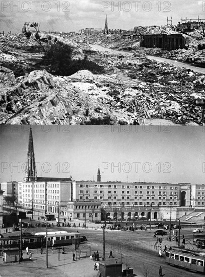 Muranow, the site of the warsaw ghetto, at the end of world war ll (above) and in the late 1950s after it was rebuilt (below), poland.