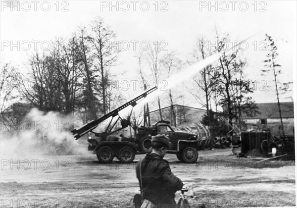 world war ll 1945: marshal konev's troops pushed deeper into germany, above, guards mortar crews directing fire at german positions on the approaches to breslau, katyusha rocket launchers.