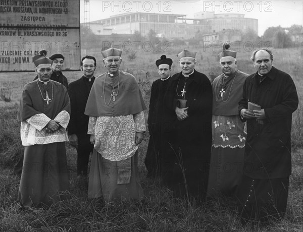Cardinal karol wojtyla (later pope john paul 2) archbishop of cracow, poland (third from right), cardinal j,j, krol, archbishop of philadelphia, fourth from left, at construction site of children's hospital funded by polish-americans, c, 1970 (?).