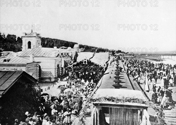 The trans-siberian railroad, the first train pulls into the station at irkutsk, siberia circa 1910 - 1915.