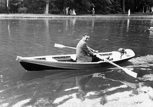 Us ambassador charles bohlen rowing on the lake at n,a, bulganin's picnic party for foreign diplomats and journalists visiting moscow, august 1955.