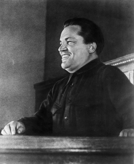 Bolshevik leader sergei mironovich kirov speaking at the 17th congress of the all-union communist party of bolsheviks in february 1934.