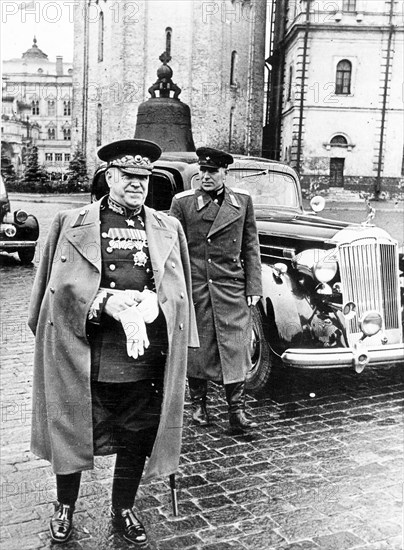 Marshall of the soviet union, georgi zhukov, in the kremlin before the beginning of the victory parade in moscow, ussr, 1945.