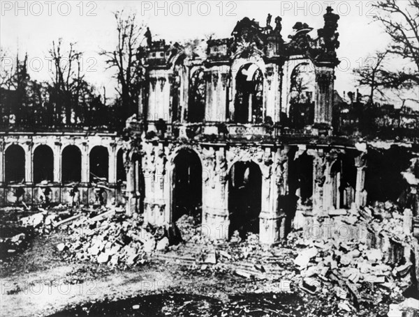Zwinger palace in dresden, germany in ruins after the anglo-american bombing of the city in 1945, at the end of world war 2.