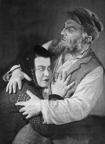 Solomon mikhoels in the title role in 'tevya the dairyman' by shalom aleichem, staged at the national jewish theater, ussr, may 1939, rotbaum is playing the role of tevya's daughter.