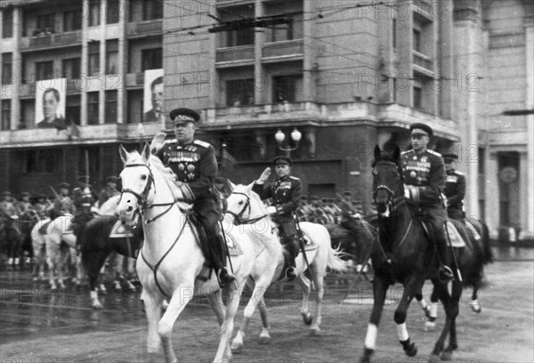 Marshals georgy zhukov and k, rokossovsky riding across red square prior to the victory parade on june 24, 1945.