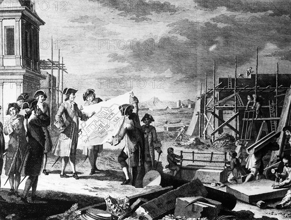 An early 18th century print depicting peter the great (peter i) being shown plans during the foundation of st, petersburg.