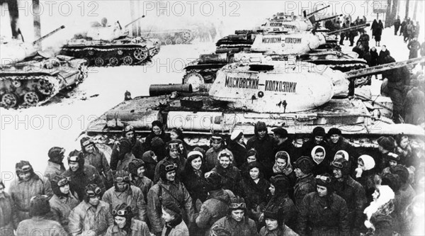 World war 2, a delegation of collective farmers from the moscow region handing over t-34 tanks to the red army that were built with their personal donations, 1942.