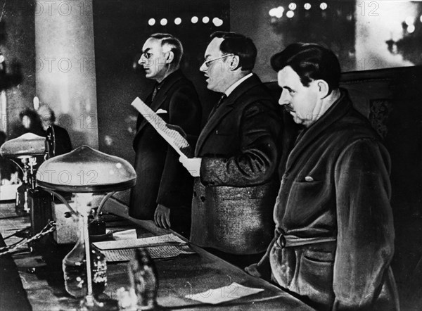 State prosecutor, andrei vyshinsky reading the charges at a purge trial in the late 1930's.