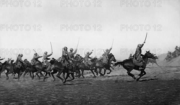 World war 2, a cossack cavalry unit charge, driving the enemy westward, april 1942.