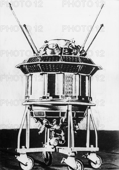 Soviet lunar probe, luna 3 on it's assembly carriage, ussr, 1959.