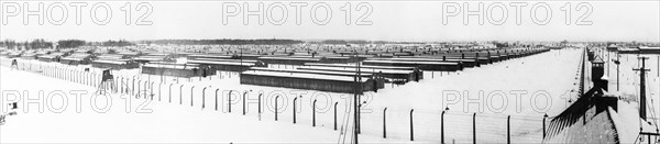 A panoramic view of the birkenau concetration camp at auschwitz, poland, 1945.