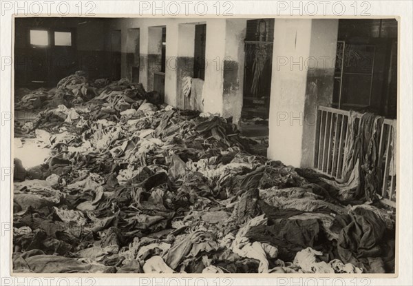 Photo-series on the hitlerite death camp in oswiecim, here too the hitlerite monsters were true to their marauding habits,  before murdering their victims they stripped them naked, one of buildings in which they dumped in disorder the clothes of those murdered in the horrible oswiecim (auschwitz) furnaces, february, 1945.